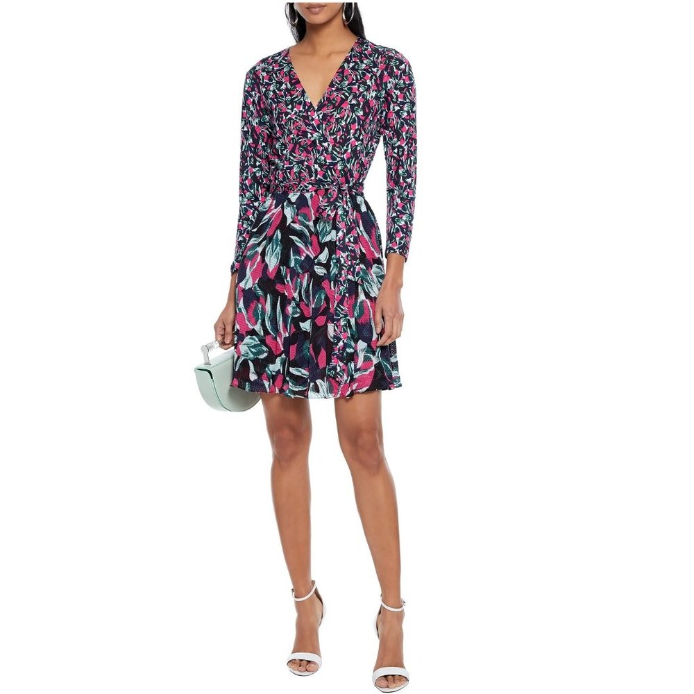 NWT Diane von Furstenberg DVF Foral Chiffon Mini Wrap Dress Large